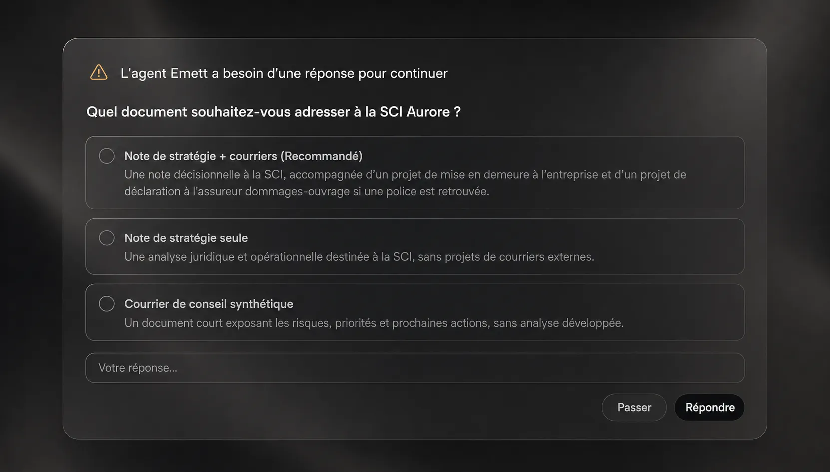 Emett demande quel livrable préparer pour la SCI Aurore
