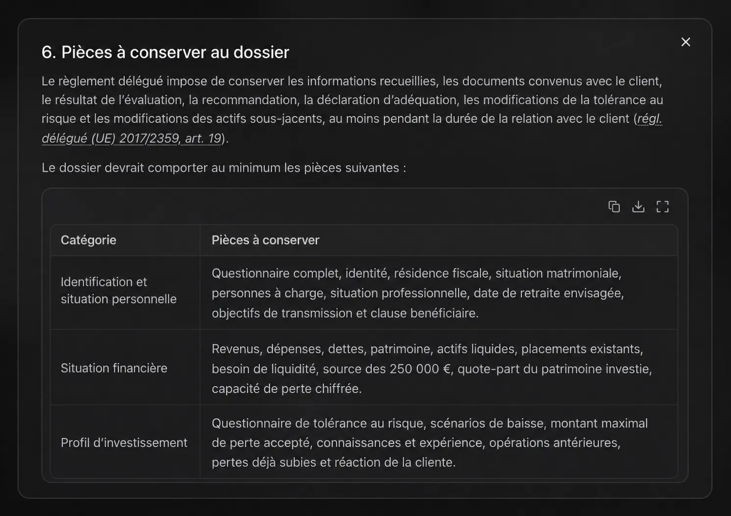 Un tableau des pièces à conserver extrait par Emett