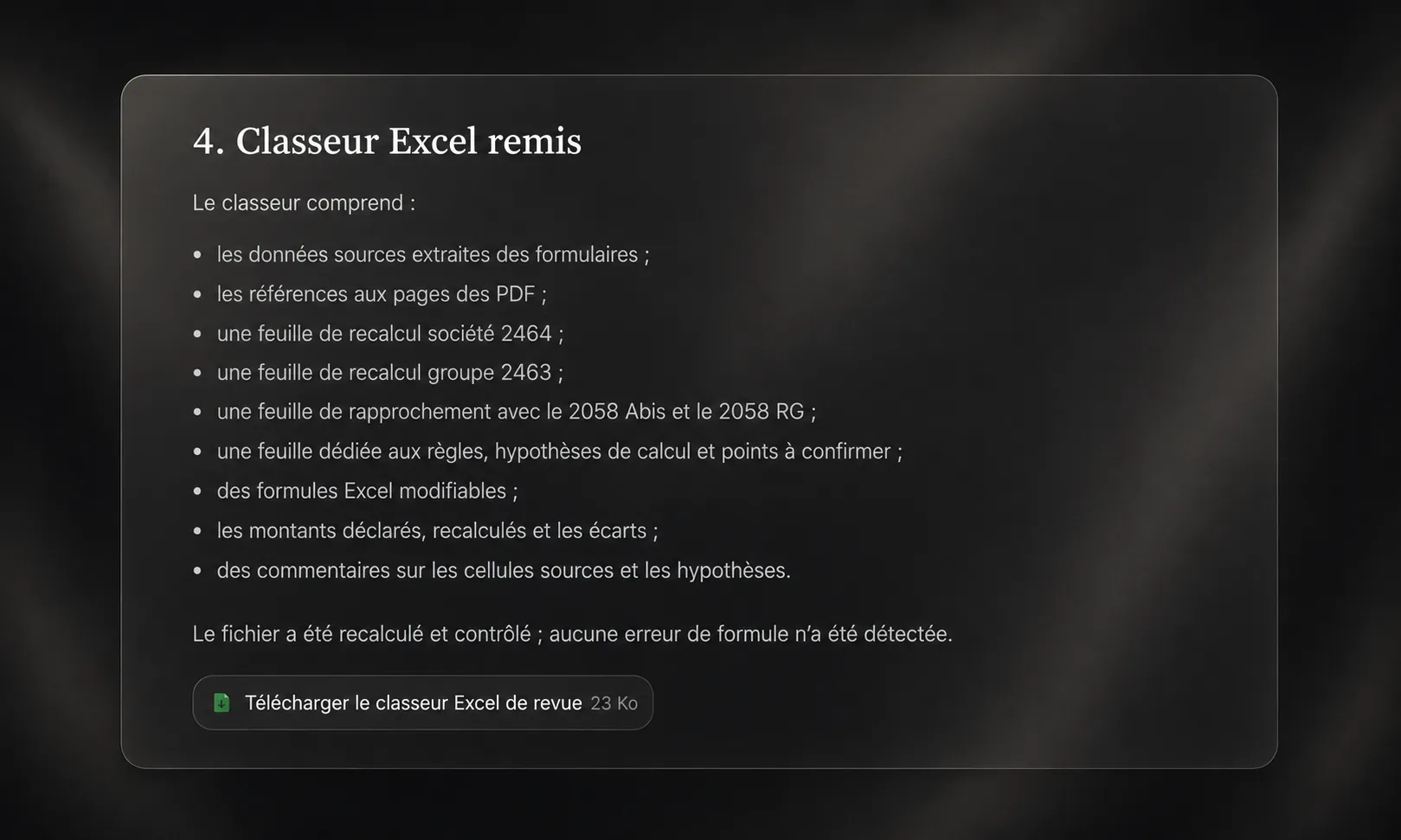 Un classeur Excel structuré, contrôlé et prêt à télécharger